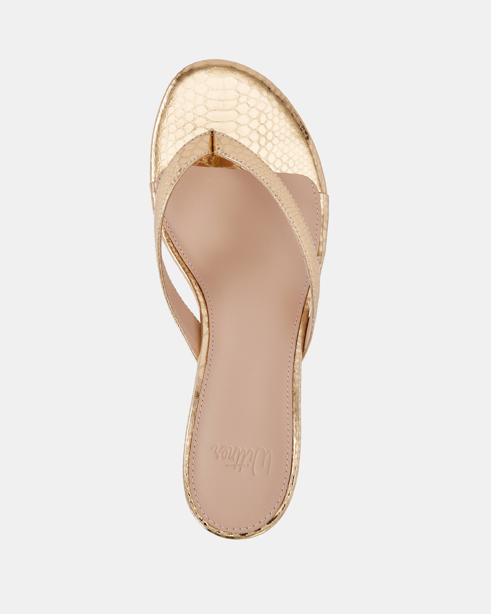 Gigi Gold Reptile Emboss Leather Kitten Heel Thong