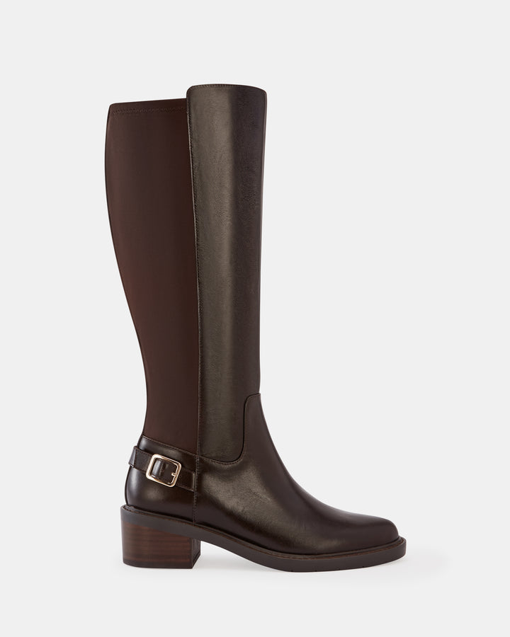 Branda Dark Brown Leather and Neoprene Knee High Boot