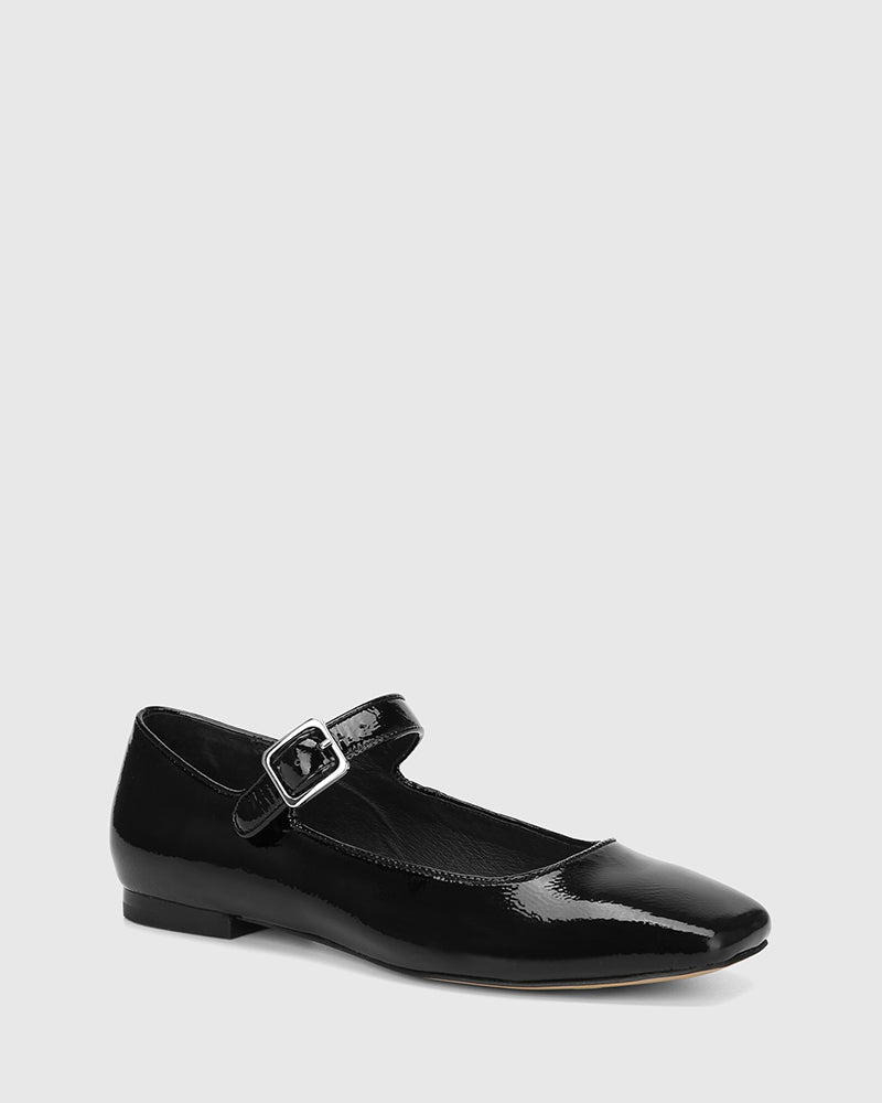 Alise Black Crinkle Patent Leather Mary Jane Flat