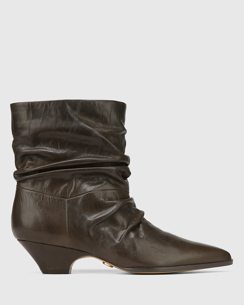 Axiel Dark Olive Waxy Leather Slouch Ankle Boot