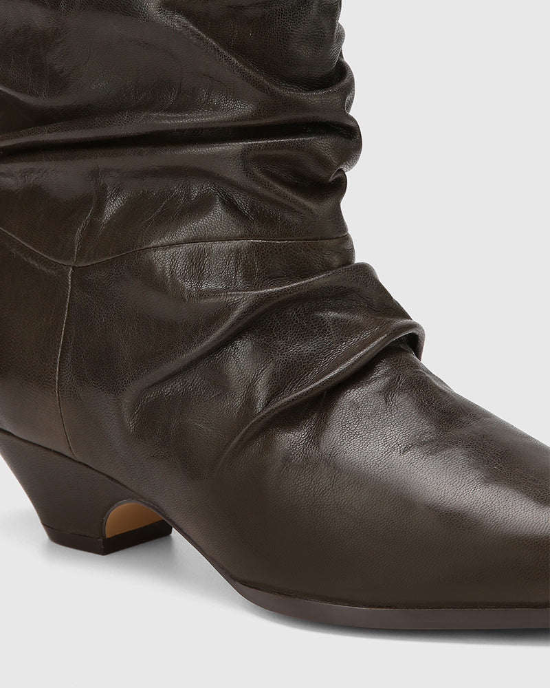 Axiel Dark Olive Waxy Leather Slouch Ankle Boot