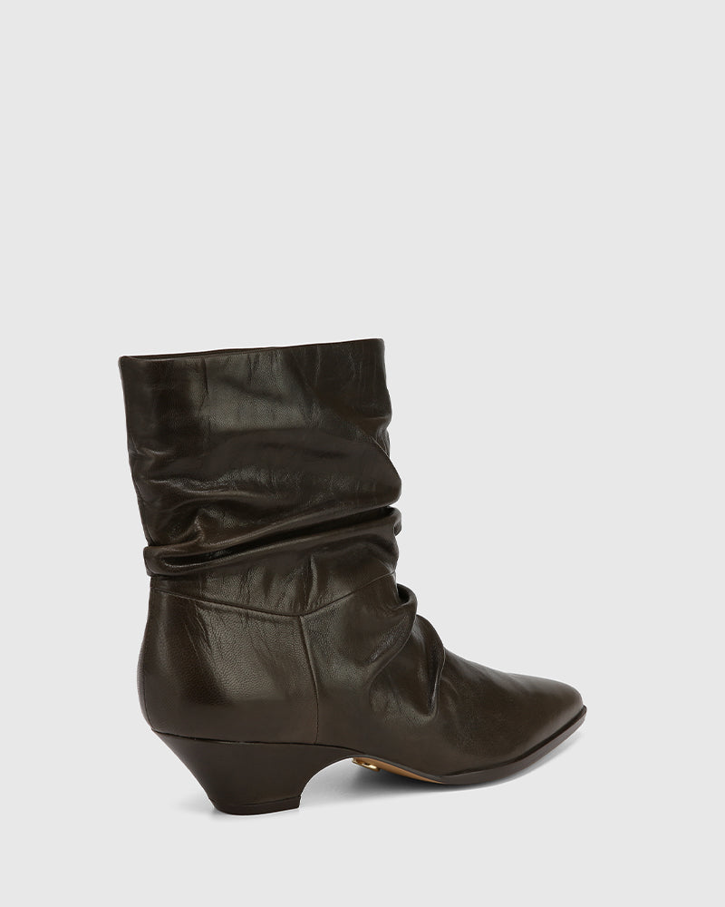 Axiel Dark Olive Waxy Leather Slouch Ankle Boot