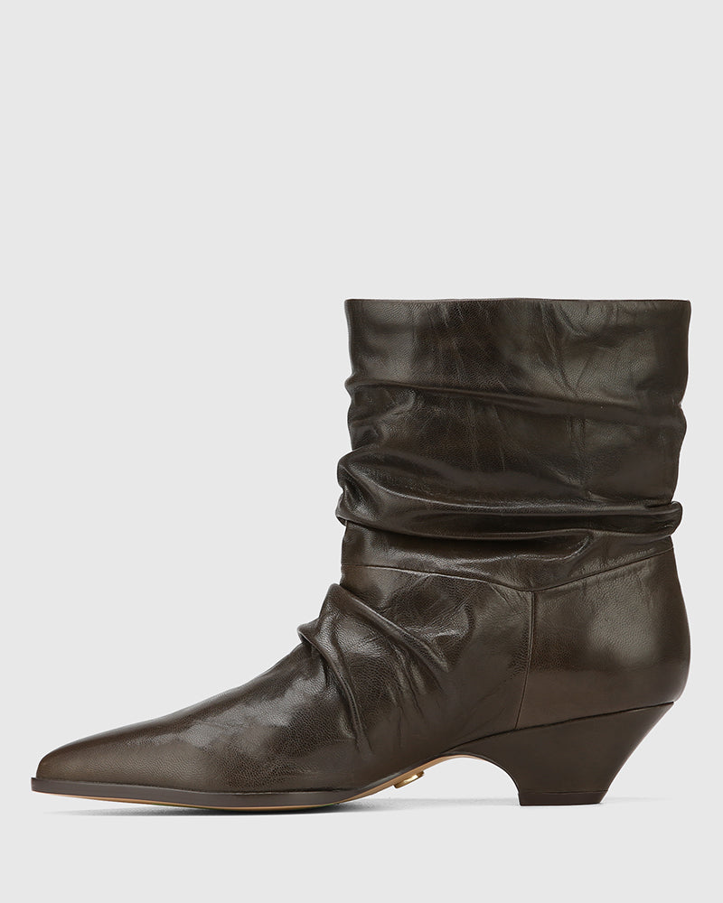 Axiel Dark Olive Waxy Leather Slouch Ankle Boot