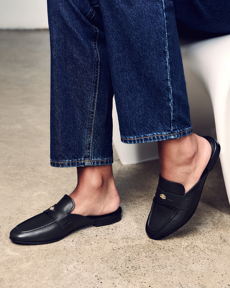 Aaron Black Leather Backless Loafer