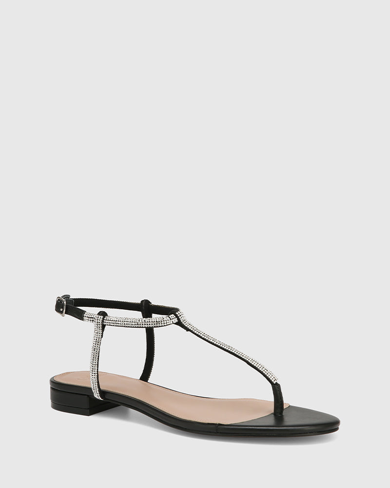 Bartel Black Leather With Diamante Flat Sandal