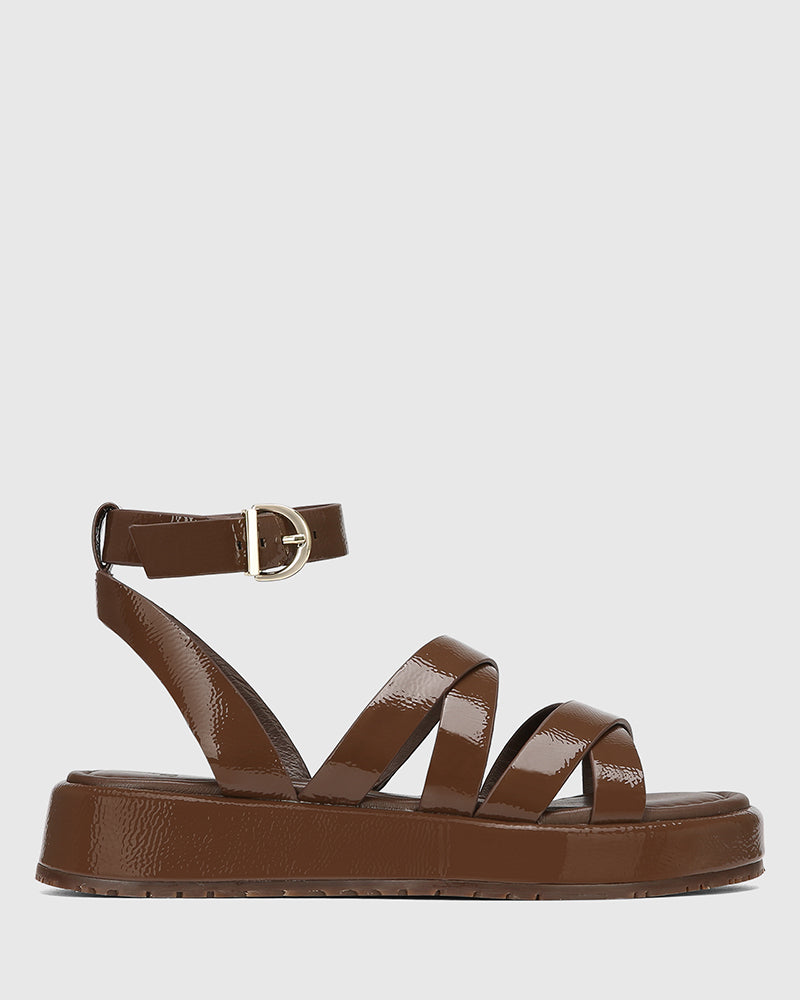 Cherish Rich Brown Crinkle Patent Leather Strappy Sandal