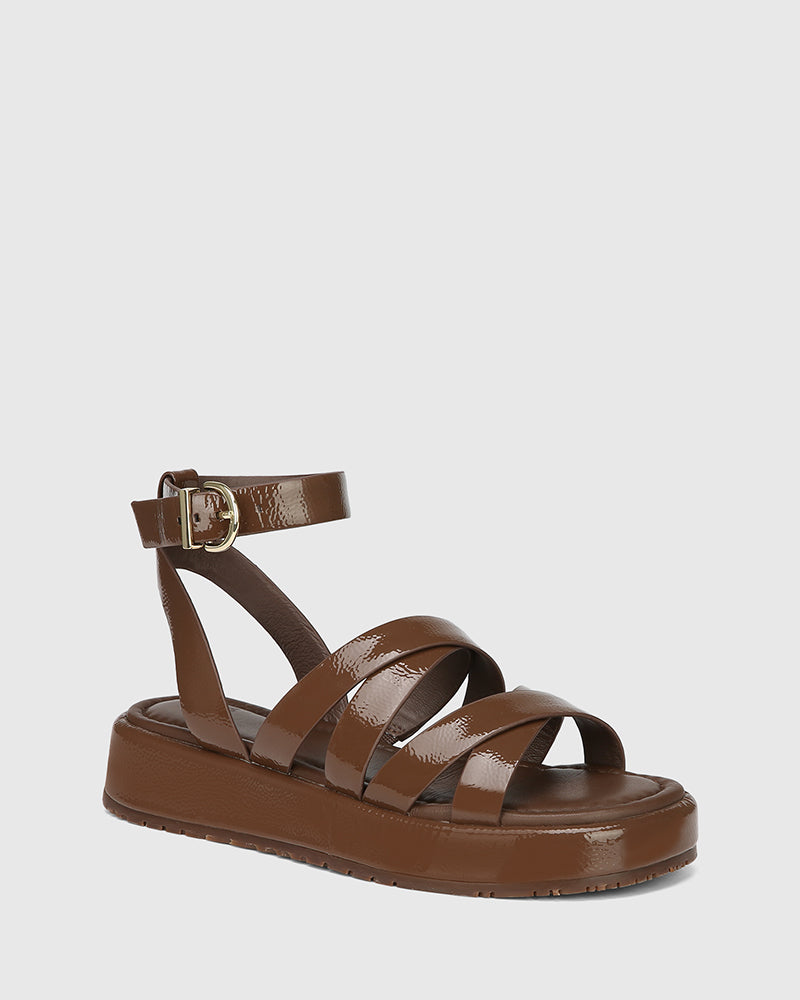 Cherish Rich Brown Crinkle Patent Leather Strappy Sandal
