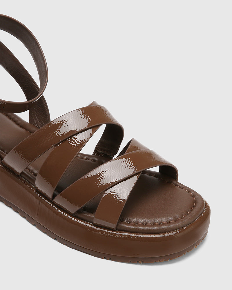 Cherish Rich Brown Crinkle Patent Leather Strappy Sandal