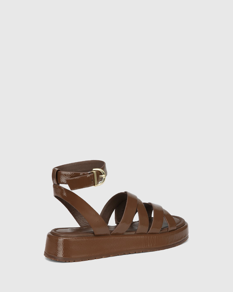 Cherish Rich Brown Crinkle Patent Leather Strappy Sandal