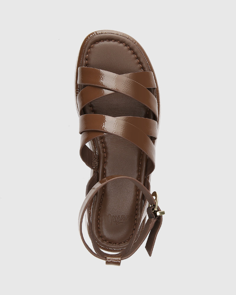 Cherish Rich Brown Crinkle Patent Leather Strappy Sandal