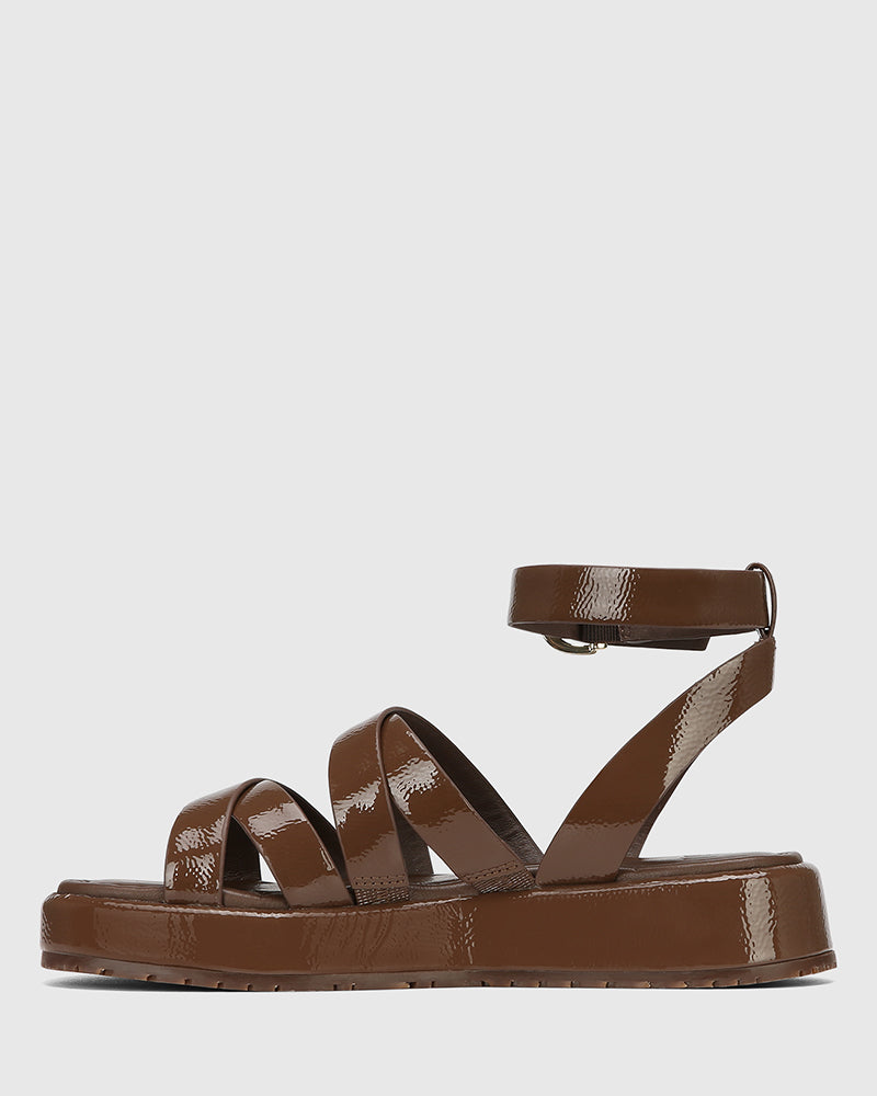 Cherish Rich Brown Crinkle Patent Leather Strappy Sandal