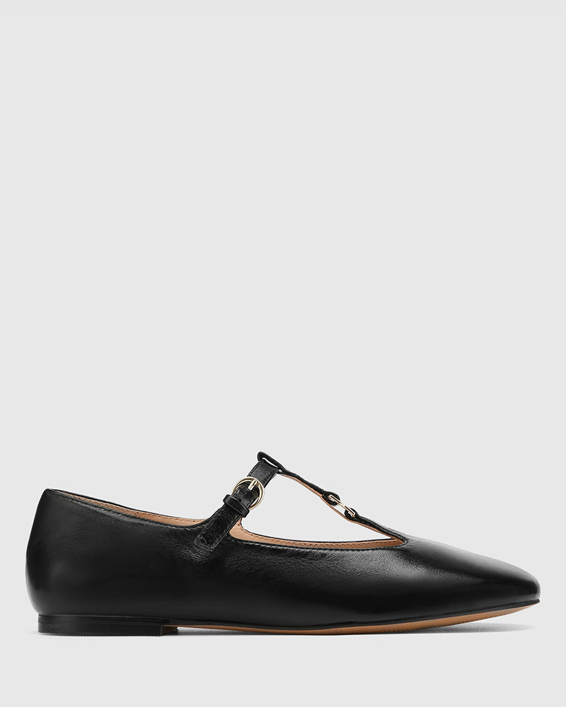 Devorah Black Leather T-Bar Flat