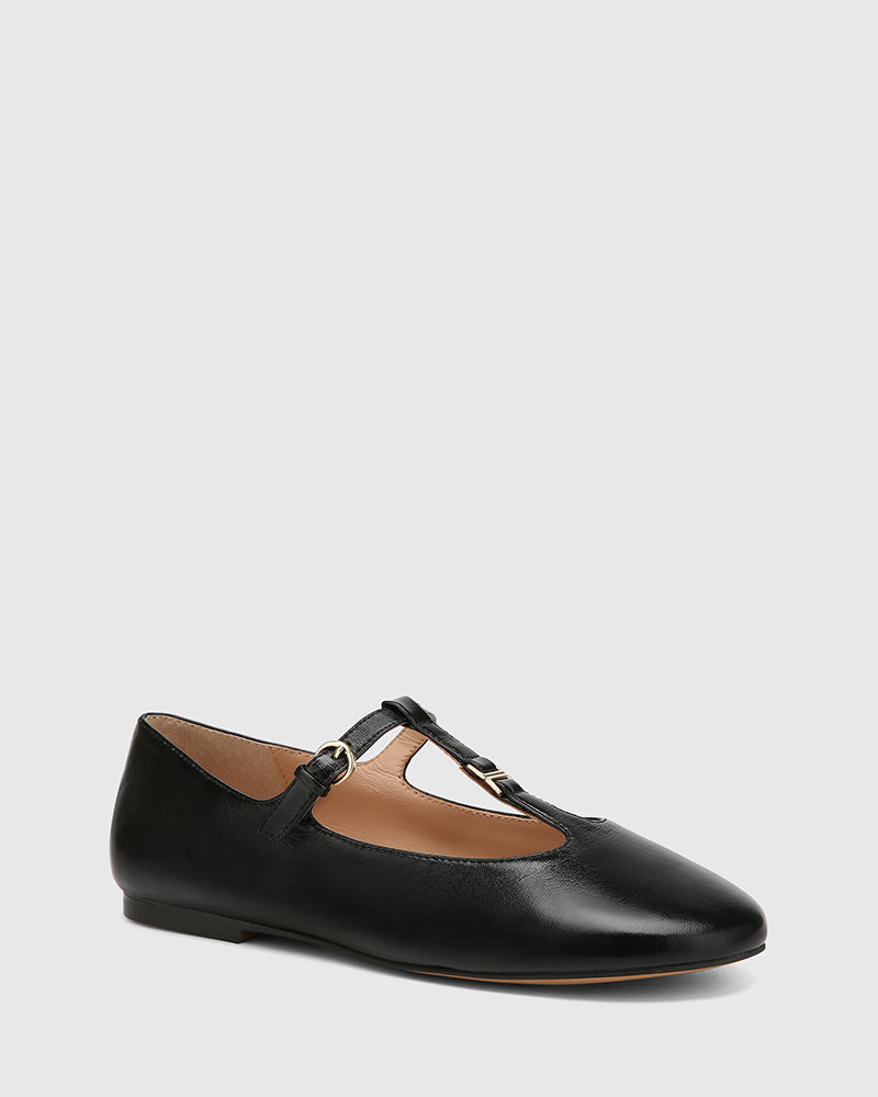 Devorah Black Leather T-Bar Flat