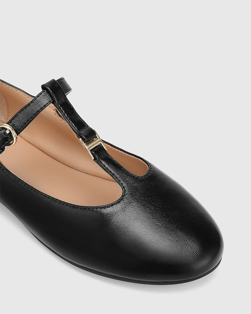 Devorah Black Leather T-Bar Flat