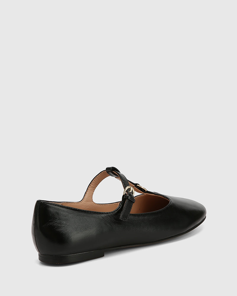 Devorah Black Leather T-Bar Flat