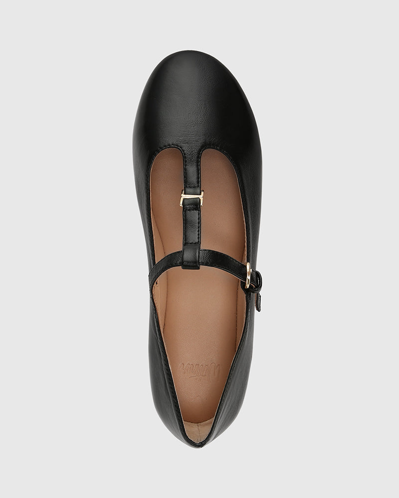 Devorah Black Leather T-Bar Flat