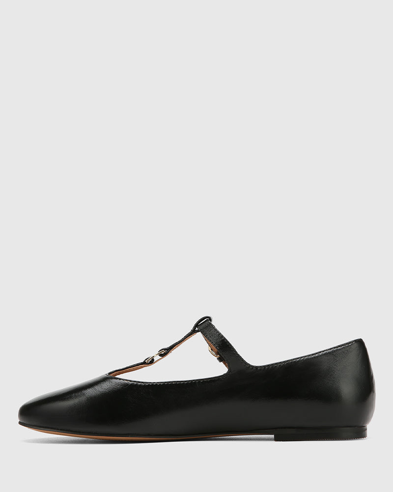 Devorah Black Leather T-Bar Flat