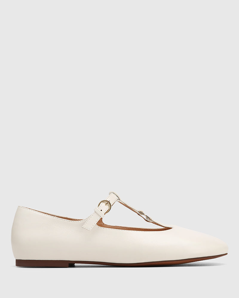 Devorah Off White Leather T-Bar Flat