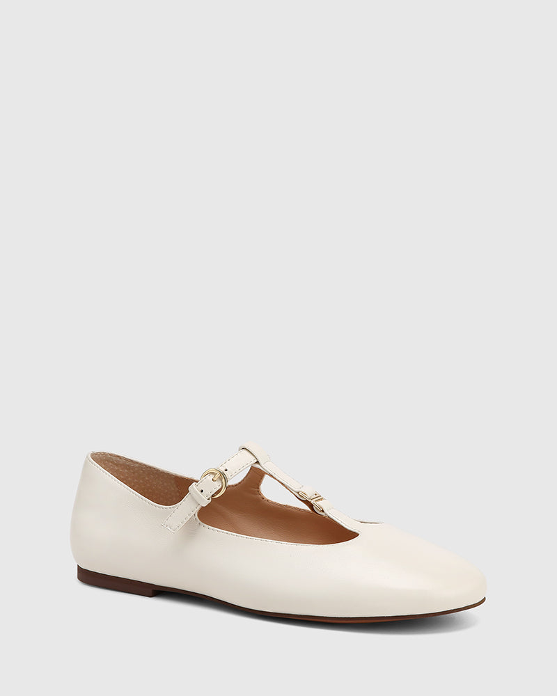 Devorah Off White Leather T-Bar Flat
