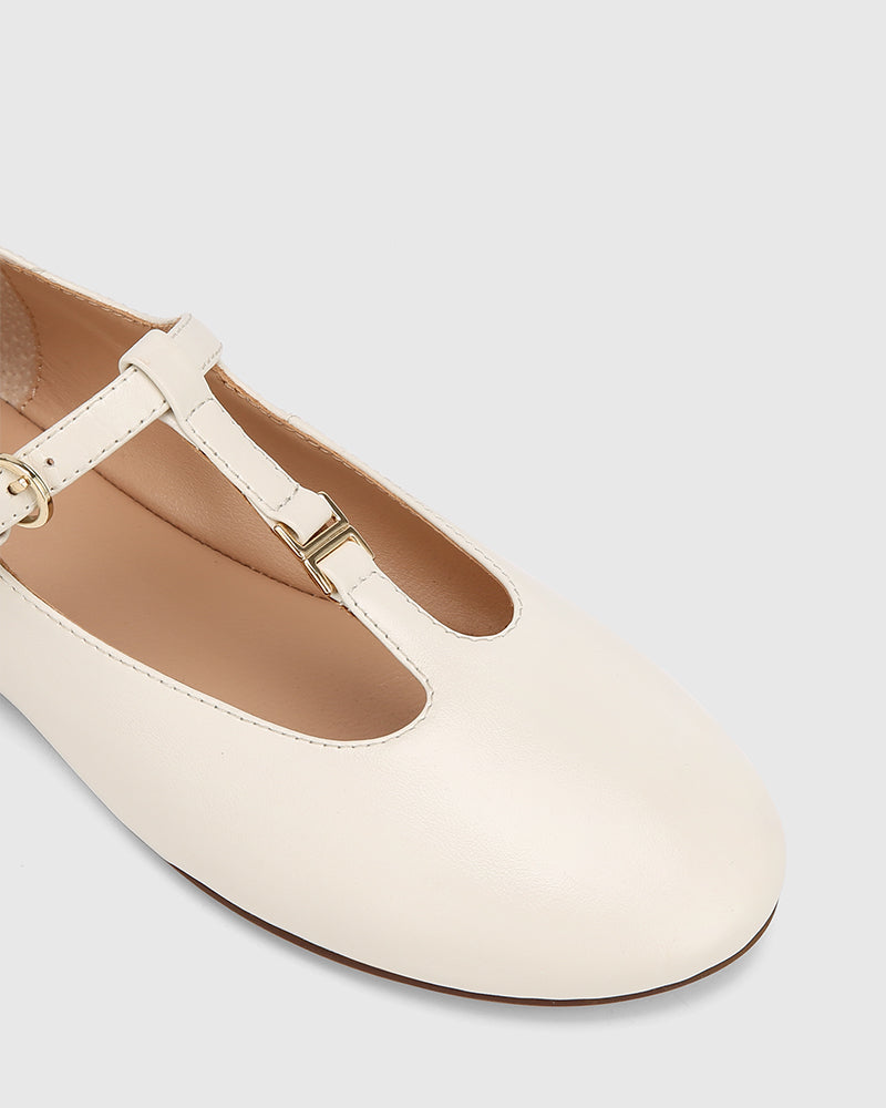 Devorah Off White Leather T-Bar Flat