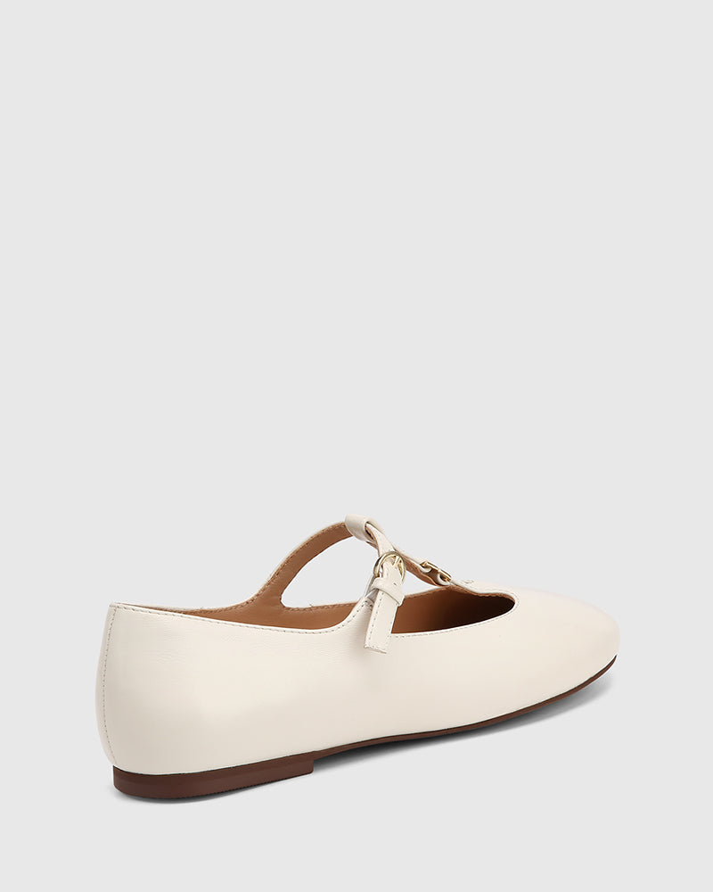 Devorah Off White Leather T-Bar Flat