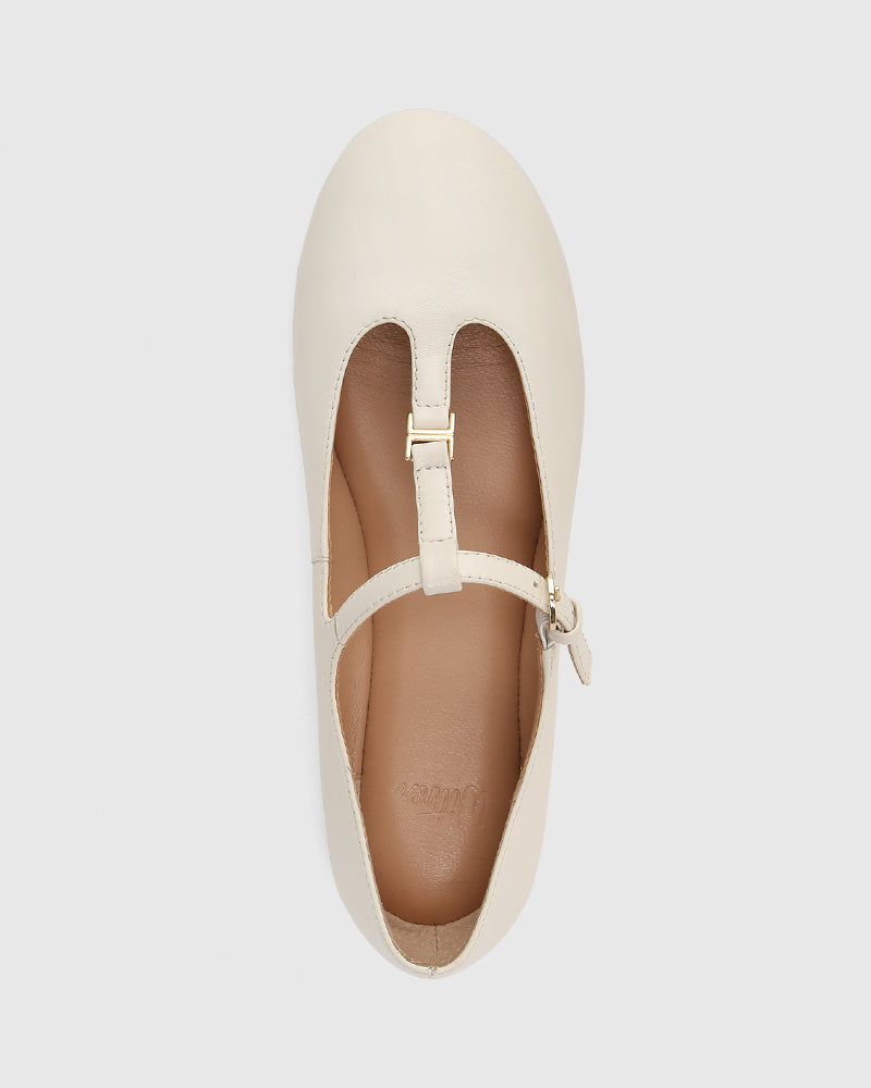 Devorah Off White Leather T-Bar Flat
