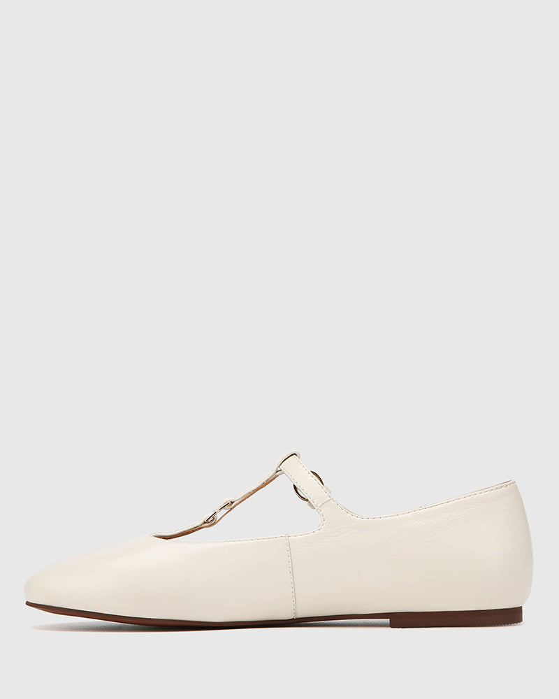 Devorah Off White Leather T-Bar Flat