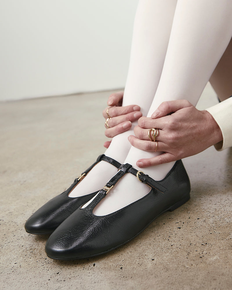 Devorah Black Leather T-Bar Flat