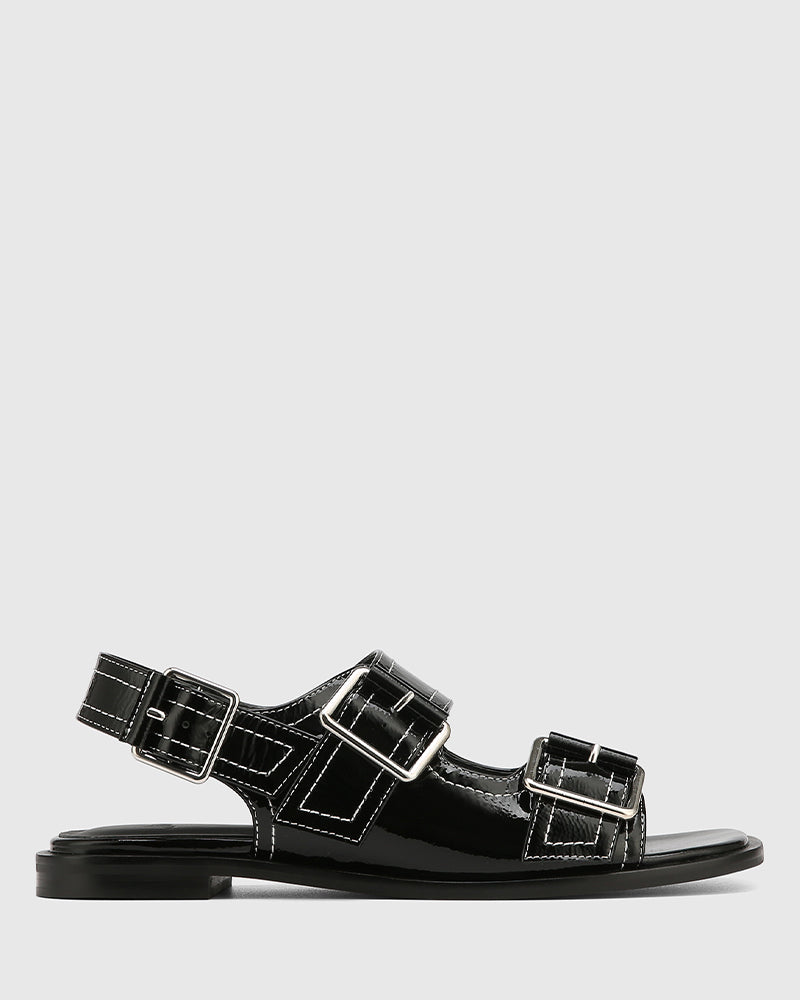 Edie Black Crinkle Patent Leather Sandal