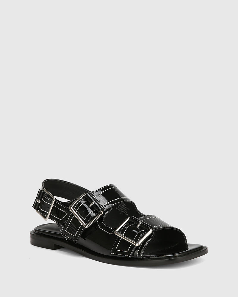 Edie Black Crinkle Patent Leather Sandal