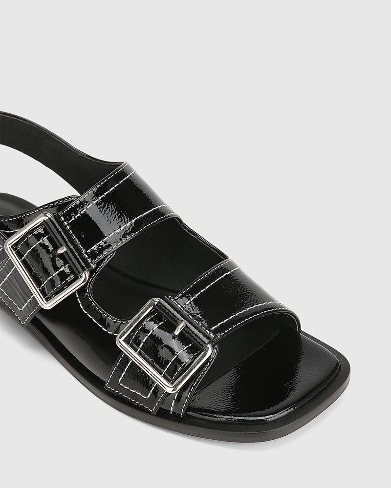 Edie Black Crinkle Patent Leather Sandal