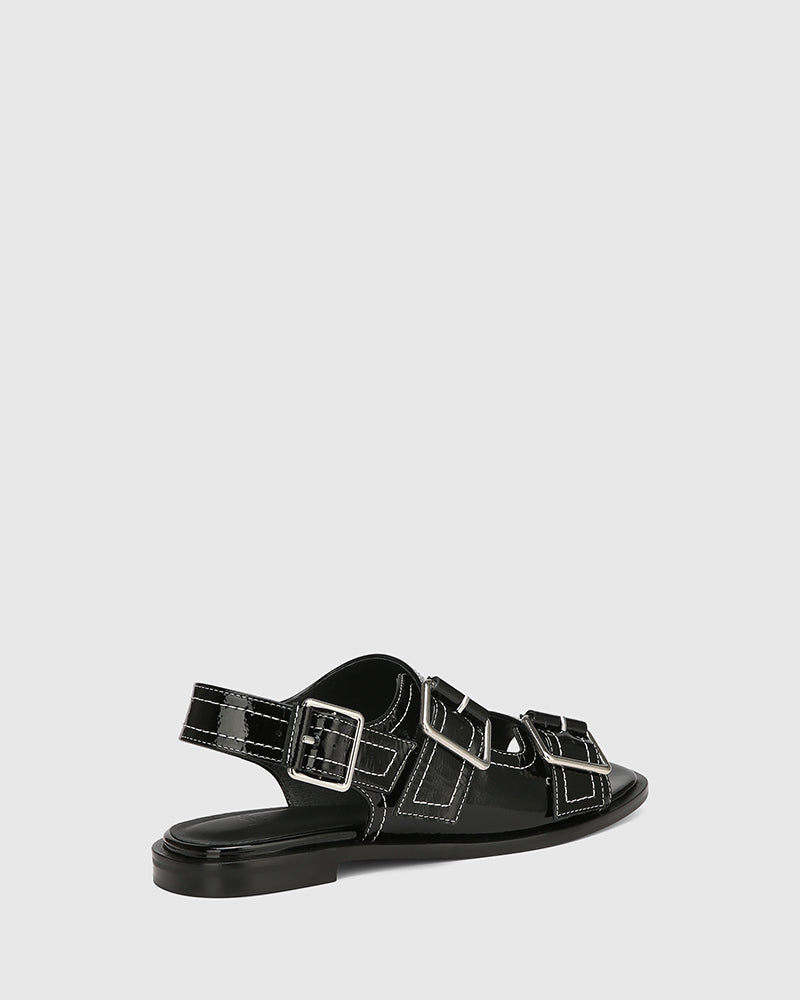 Edie Black Crinkle Patent Leather Sandal