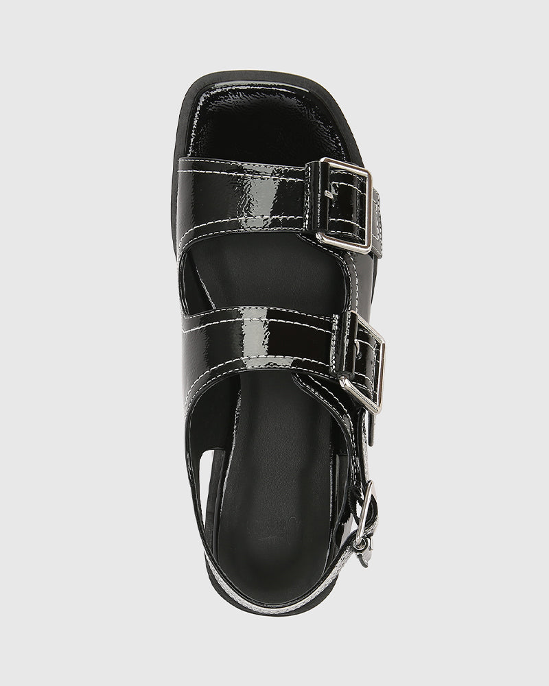 Edie Black Crinkle Patent Leather Sandal