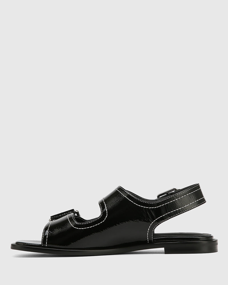 Edie Black Crinkle Patent Leather Sandal