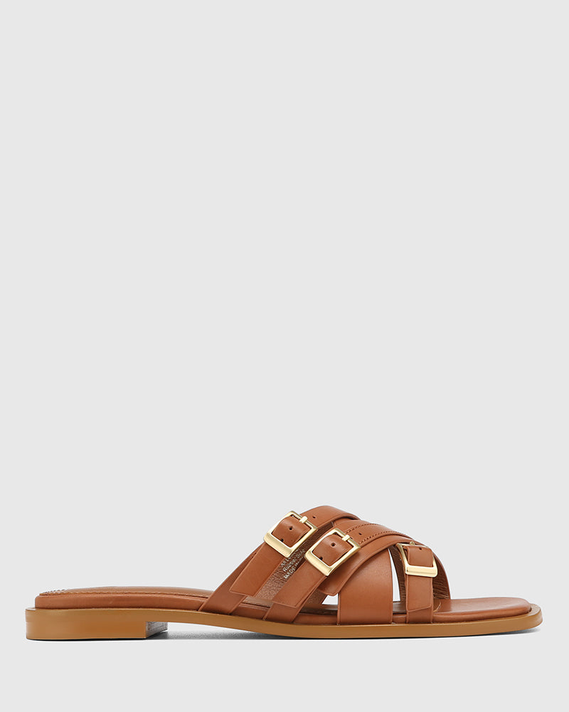 El Dark Cognac Leather Strappy Slide