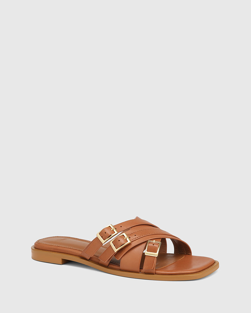 El Dark Cognac Leather Strappy Slide