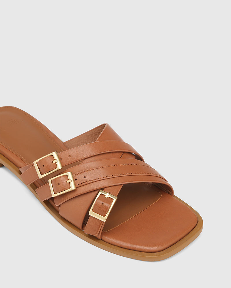 El Dark Cognac Leather Strappy Slide