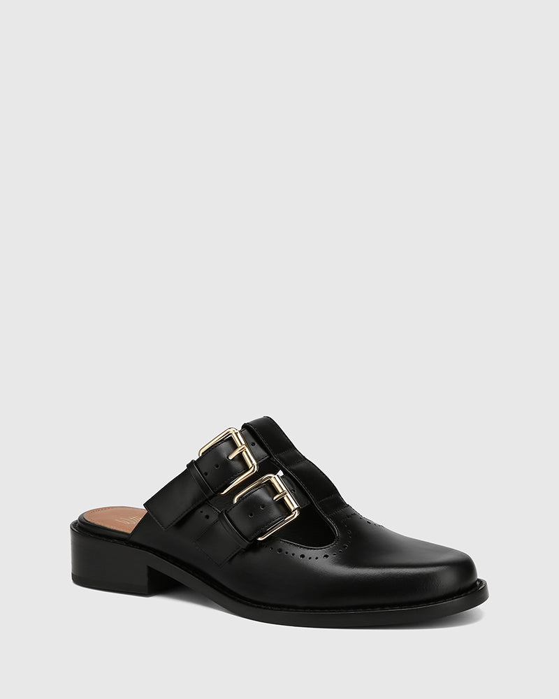 Finn Black Leather T-Bar Mule