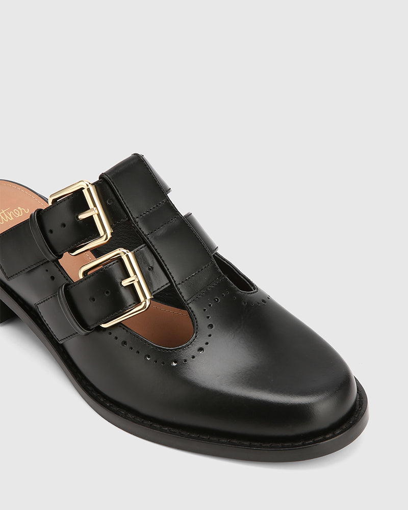 Finn Black Leather T-Bar Mule