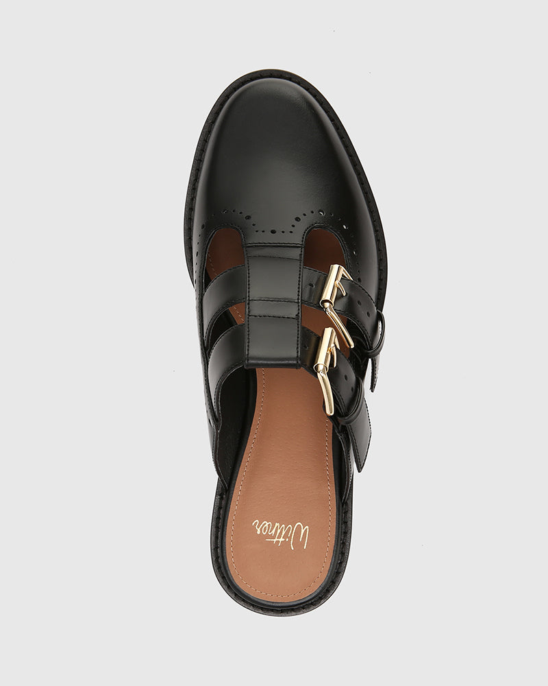 Finn Black Leather T-Bar Mule