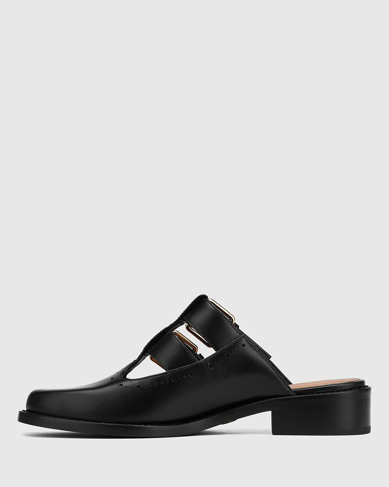 Finn Black Leather T-Bar Mule