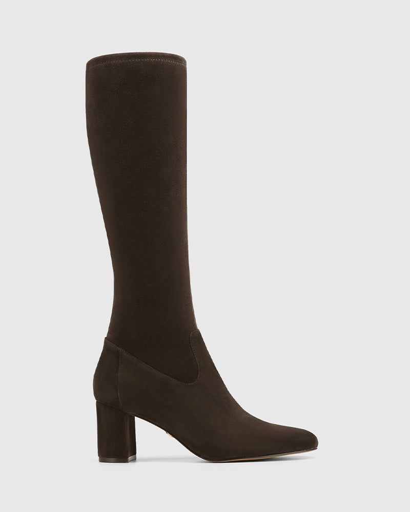 Karlea Ash Chocolate Stretch Suede Leather Knee High Boot