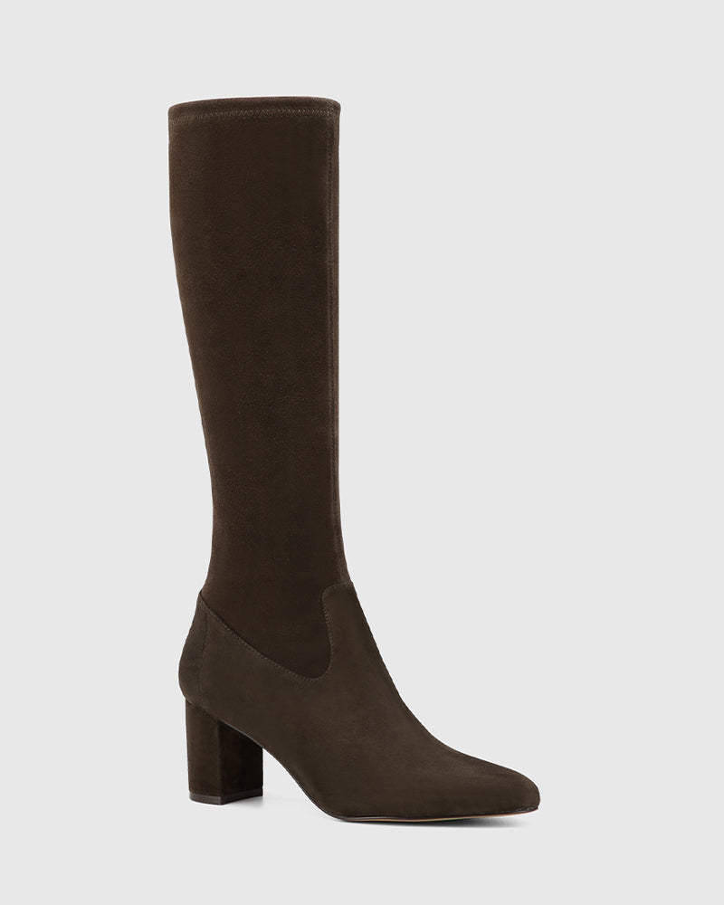 Karlea Ash Chocolate Stretch Suede Leather Knee High Boot
