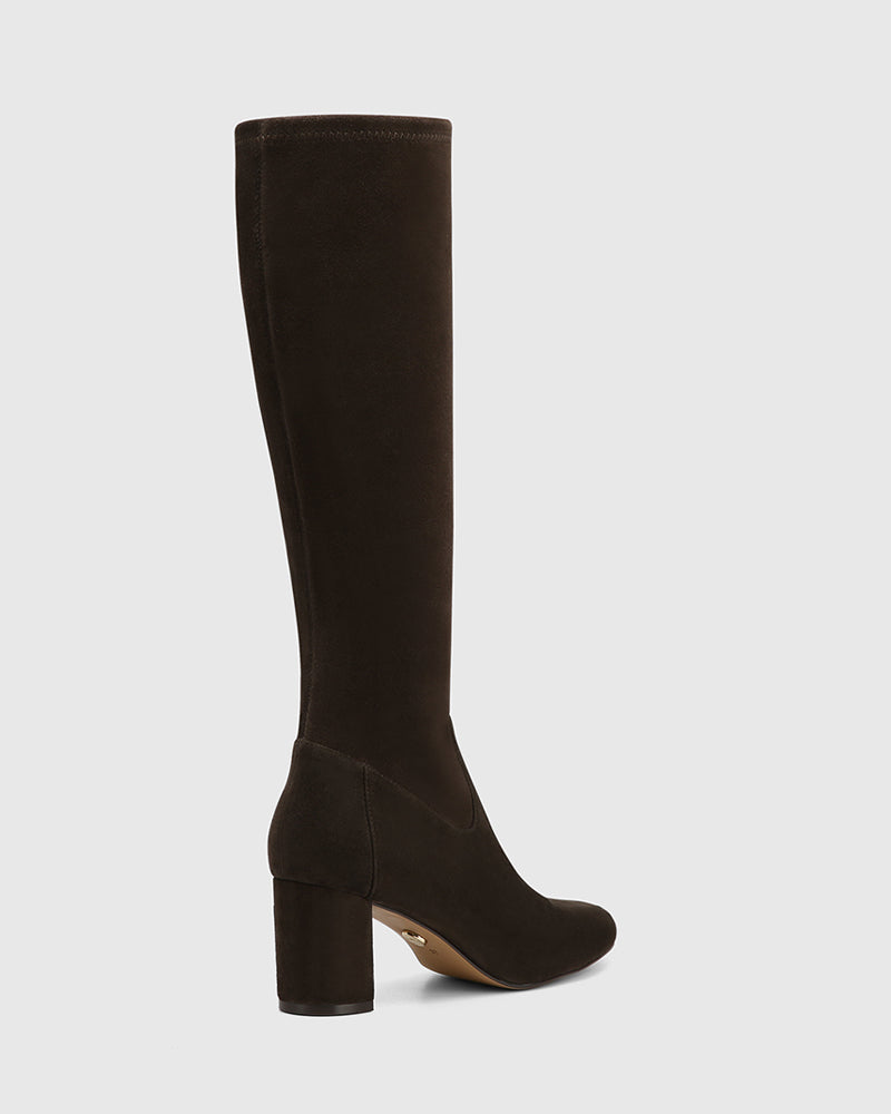 Karlea Ash Chocolate Stretch Suede Leather Knee High Boot