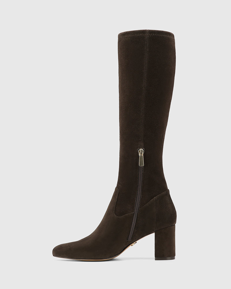 Karlea Ash Chocolate Stretch Suede Leather Knee High Boot