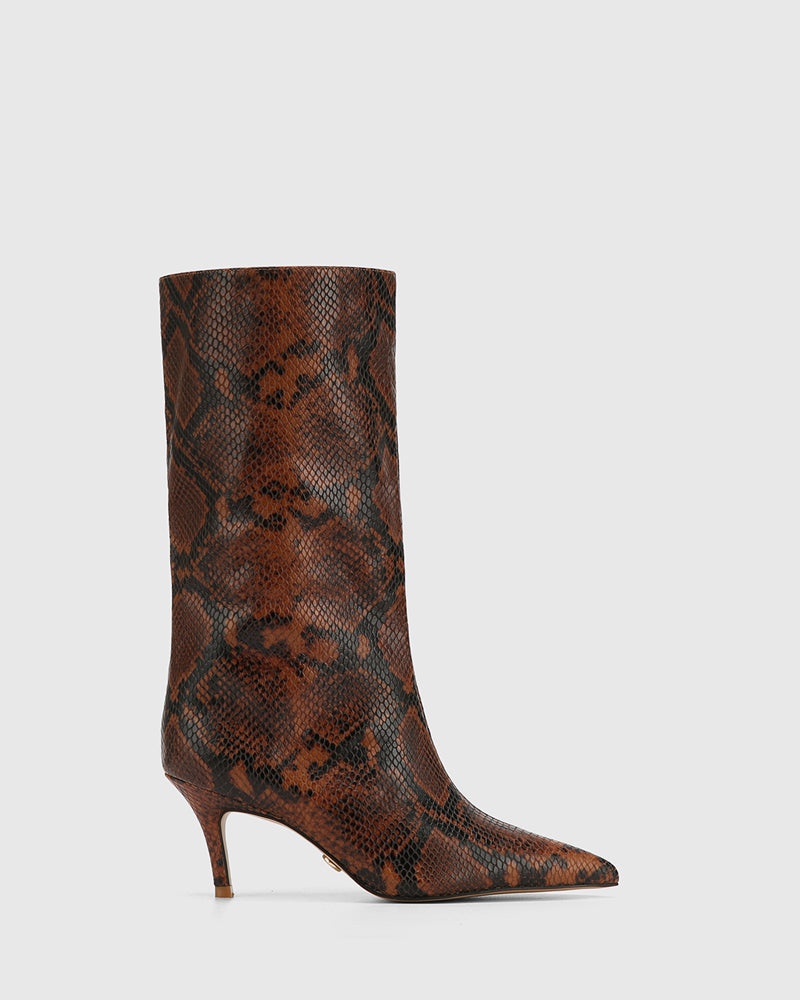 Lozana Havana Tan Python Print Leather Mid-Calf Boot