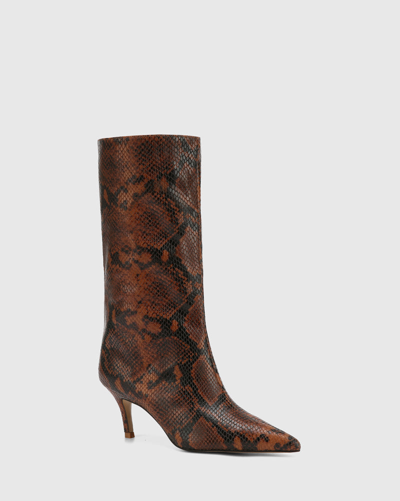 Lozana Havana Tan Python Print Leather Mid-Calf Boot