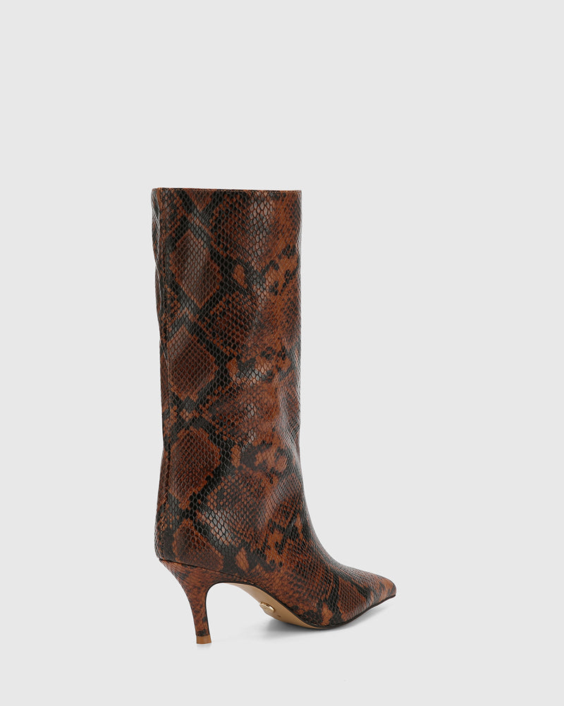 Lozana Havana Tan Python Print Leather Mid-Calf Boot