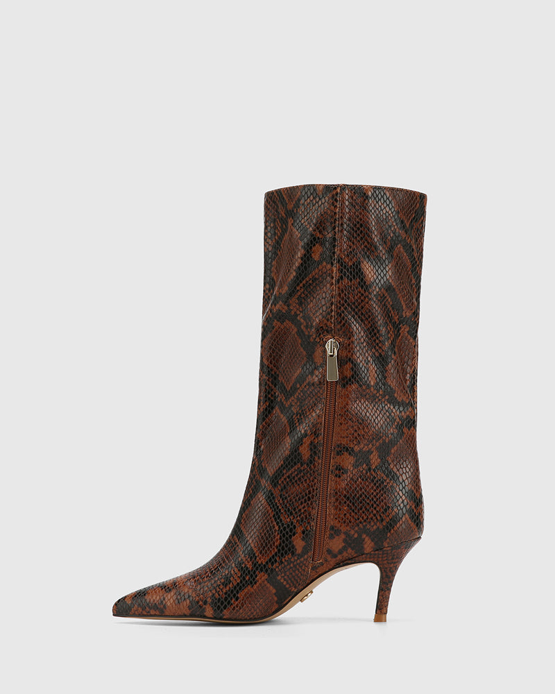 Lozana Havana Tan Python Print Leather Mid-Calf Boot