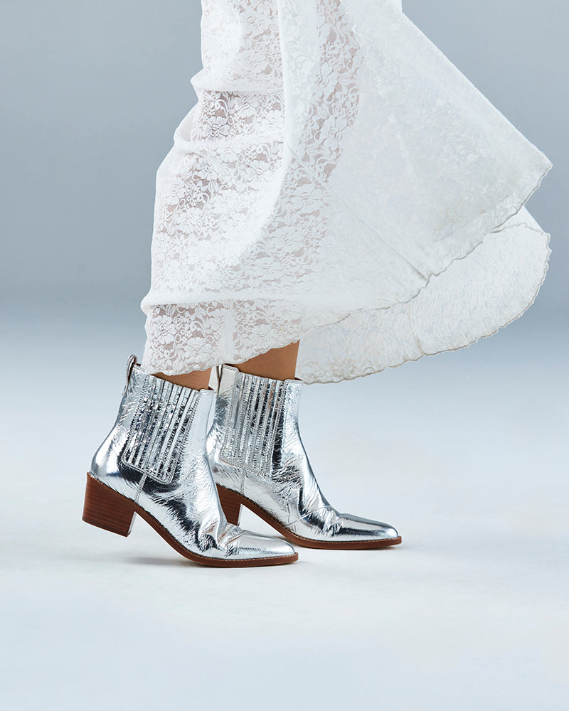 Jiamy Silver Crease Metallic Leather Ankle Boot